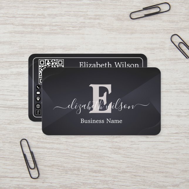 Modern elegant monogrammed QR code business cards (Front/Back In Situ)