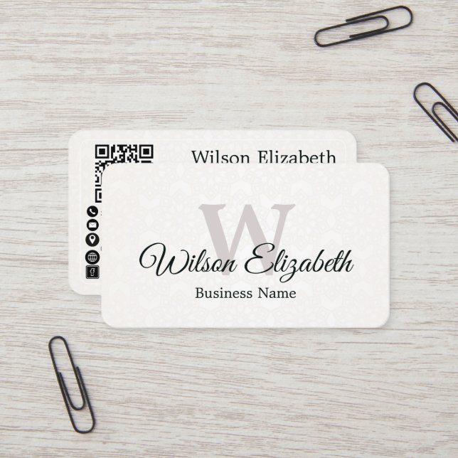 Modern elegant monogrammed QR code business cards (Front/Back In Situ)