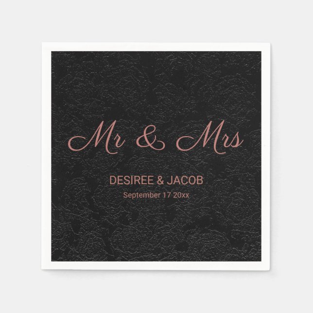 Modern Elegant Mr And Mrs Black Rose Gold Floral Napkin (Front)