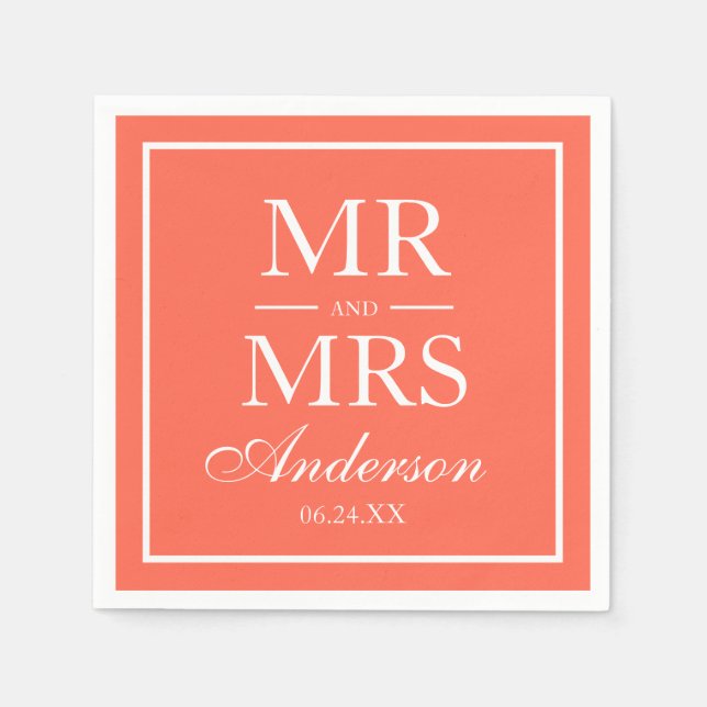 Modern Elegant Mr. and Mrs. Coral Wedding Napkin (Front)