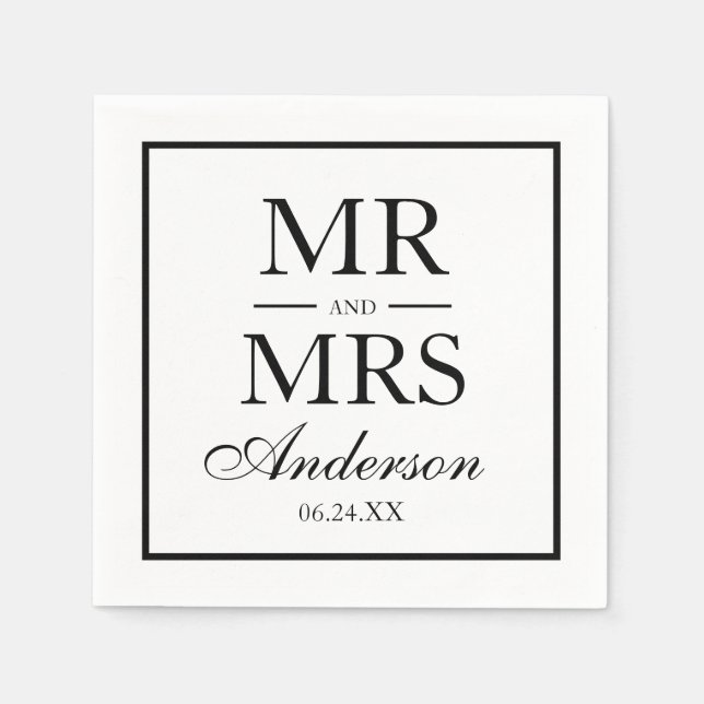 Modern Elegant Mr. and Mrs. Wedding BW Napkin (Front)