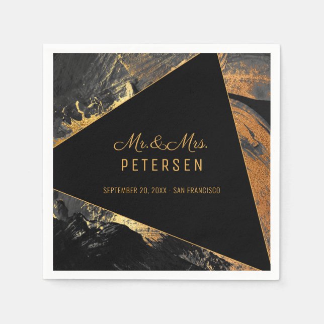 Modern elegant Mr & Mrs gold and black wedding Napkin (Front)