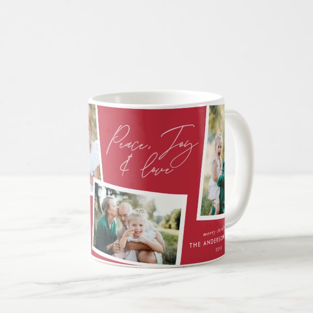 Modern elegant multi photo family christmas red coffee mug (Front Right)