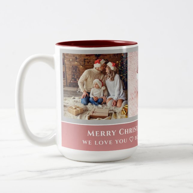 Modern elegant multi photo family merry christmas  Two-Tone coffee mug (Left)