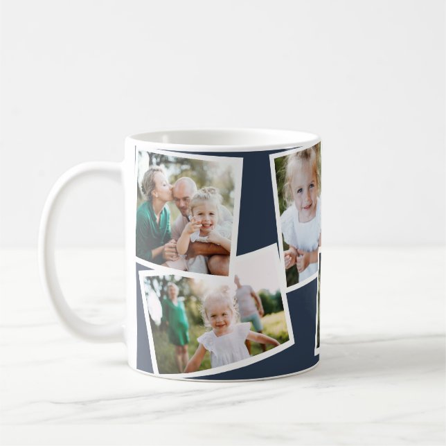 Modern elegant multi photo family navy blue coffee mug (Left)