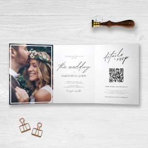 Modern Elegant Multi Photo QR Code Wedding Tri-Fold Invitation