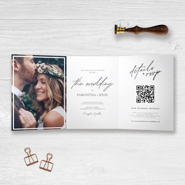 Modern Elegant Multi Photo QR Code Wedding Tri-Fold Invitation (Creator Uploaded)