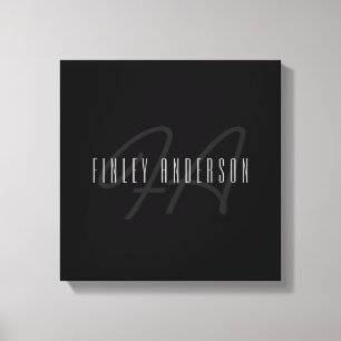 Modern Elegant Name & Monogram   Dark Grey & Black Canvas Print
