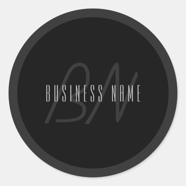 Modern Elegant Name & Monogram | Dark Grey & Black Classic Round Sticker (Front)