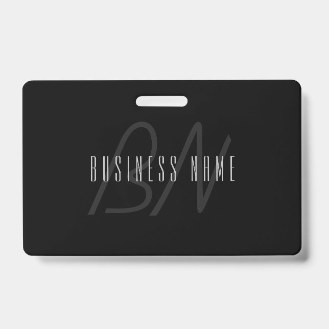 Modern Elegant Name & Monogram | Dark Grey & Black ID Badge (Front)