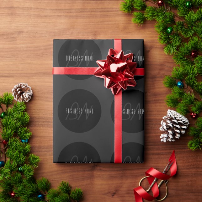 Modern Elegant Name & Monogram | Dark Grey & Black Wrapping Paper (Holiday Gift)