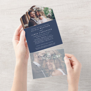 Modern Elegant Navy Blue 2 Photo RSVP Wedding All In One Invitation