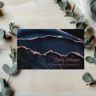 Modern Elegant Navy Blue Agate Rose Gold Glitter Business Card
