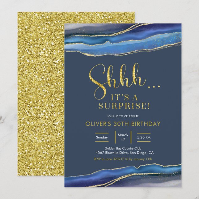 Modern Elegant Navy Blue Agate Surprise Birthday Invitation (Front/Back)