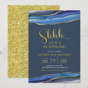 Modern Elegant Navy Blue Agate Surprise Birthday Invitation