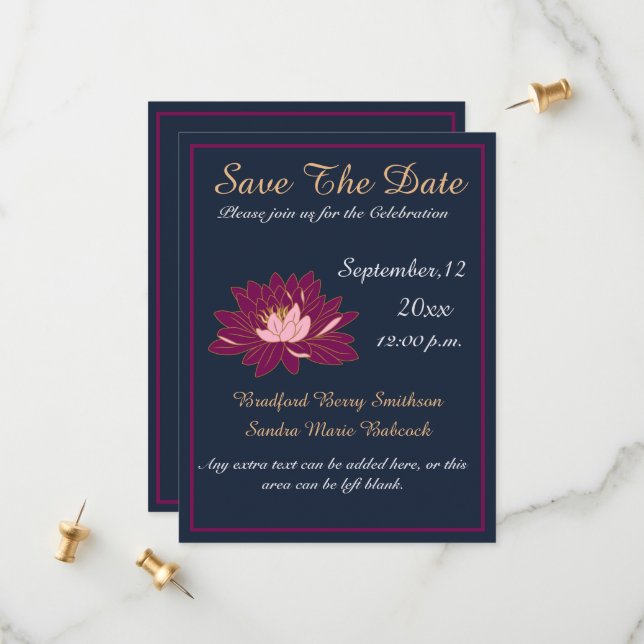 Modern Elegant Navy Blue and Burgundy Pink Floral Save The Date (Front/Back In Situ)