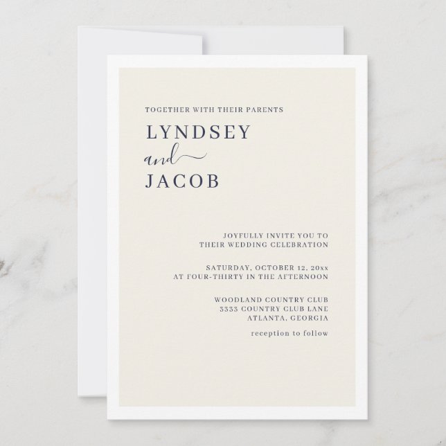 Modern Elegant Navy Blue and Cream Wedding Invitation (Front)