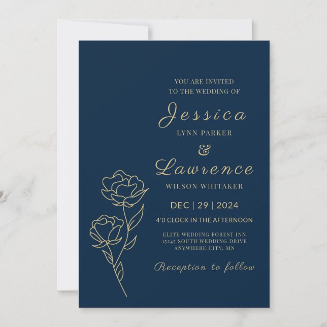 Modern Elegant Navy blue and gold Floral  Wedding  Invitation (Front)