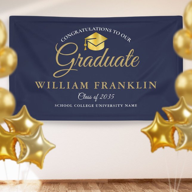 Modern Elegant Navy Blue And Gold Graduation Banne Banner (Creator Uploaded)