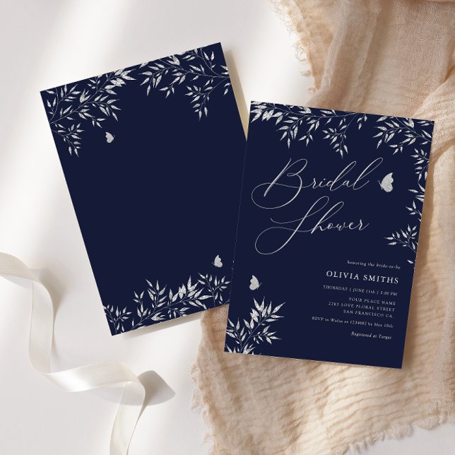Modern Elegant Navy Blue Boho Floral Bridal Shower Invitation (Creator Uploaded)