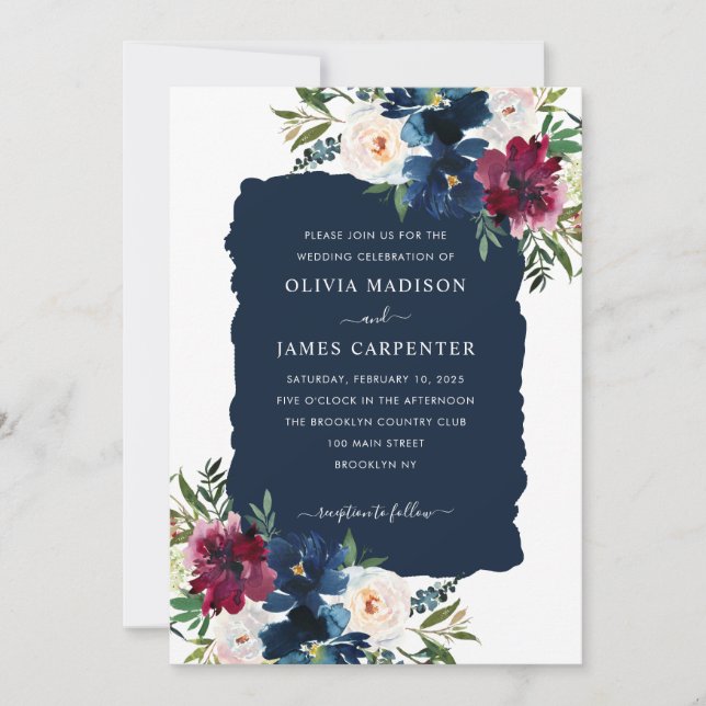 Modern Elegant Navy Blue Burgundy Floral Wedding Invitation (Front)