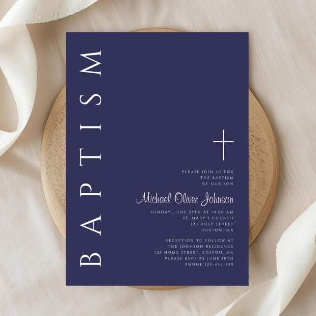 Modern Elegant Navy Blue Cross Baptism Invitation (Modern Elegant Navy Blue Cross Baptism Invitation)
