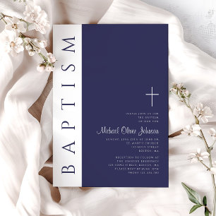 Modern Elegant Navy Blue Cross Baptism Invitation