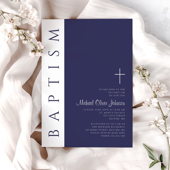 Modern Elegant Navy Blue Cross Baptism Invitation (Modern Elegant Navy Blue Cross Baptism Invitation)