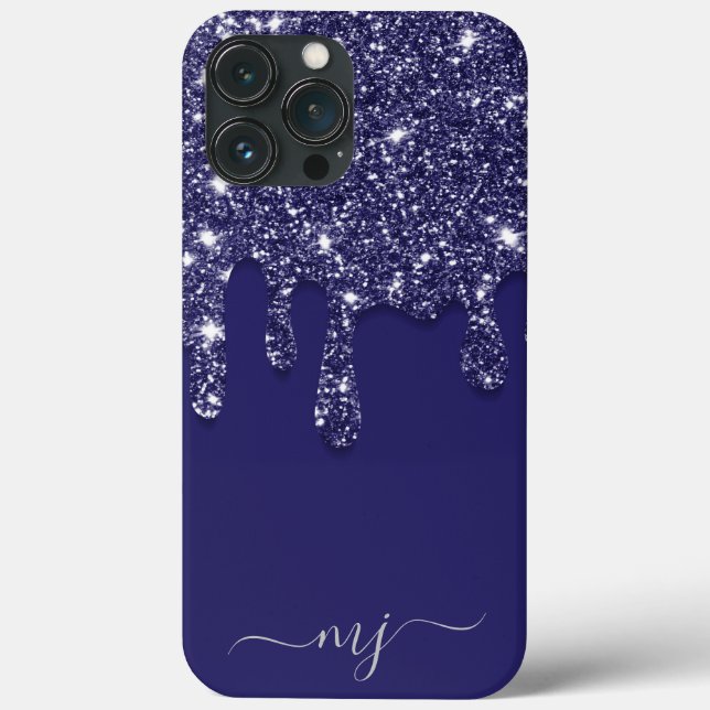 Modern Elegant Navy Blue Glitter Dripping Case-Mate iPhone Case (Back)