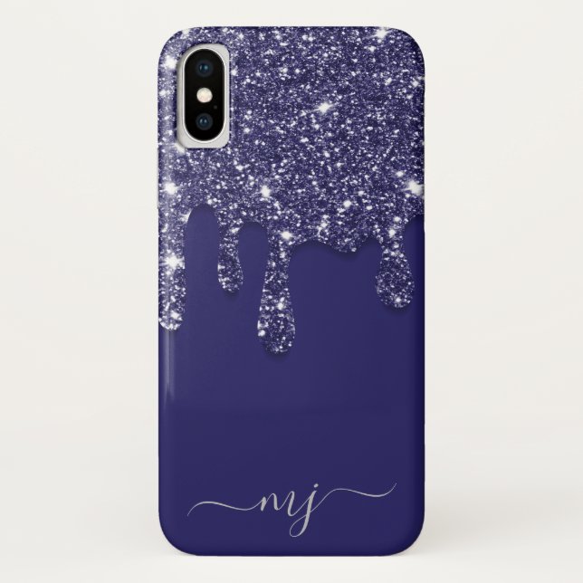 Modern Elegant Navy Blue Glitter Dripping Case-Mate iPhone Case (Back)
