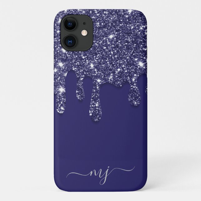 Modern Elegant Navy Blue Glitter Dripping Case-Mate iPhone Case (Back)