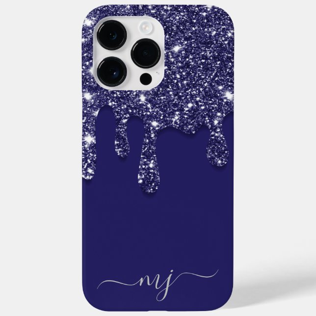 Modern Elegant Navy Blue Glitter Dripping Case-Mate iPhone Case (Back)