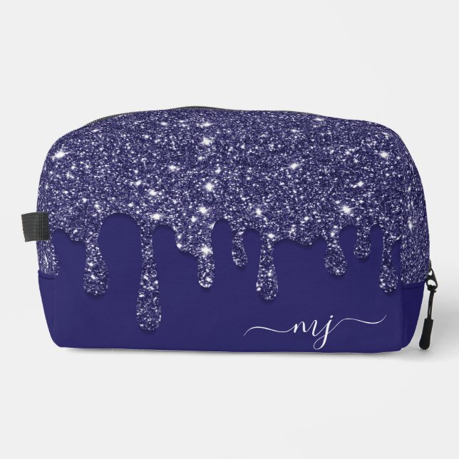 Modern Elegant Navy Blue Glitter Dripping  Dopp Kit (Front)