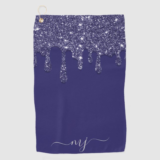 Modern Elegant Navy Blue Glitter Dripping Golf Towel (Front)