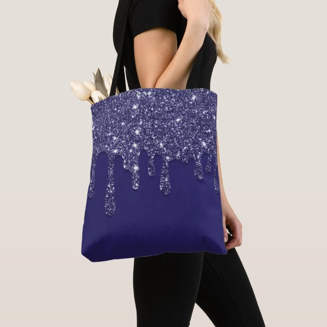Modern Elegant Navy Blue Glitter Dripping  Tote Bag (Close Up)