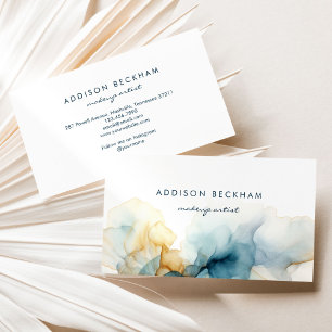 Modern Elegant Navy Blue Gold Abstract Watercolor Business Card