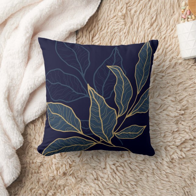 Modern Elegant Navy Blue Gold Leaf Throw Pillow (Blanket)