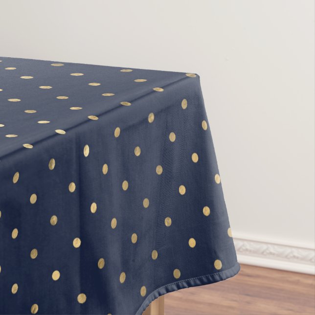 Modern Elegant Navy Blue Gold Polka Dots Tablecloth (In Situ)