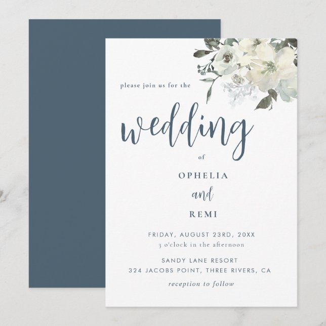 Modern Elegant Navy Blue Ivory Floral Wedding   Invitation (Front/Back)