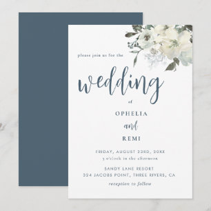 Modern Elegant Navy Blue Ivory Floral Wedding   Invitation