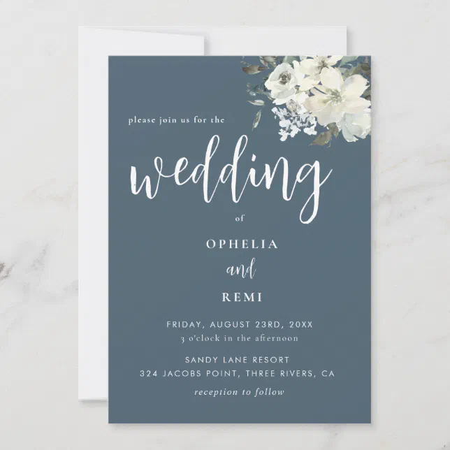 Modern Elegant Navy Blue Ivory Floral Wedding Invitation | Zazzle