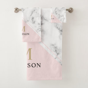 Modern elegant navy blue marble monogram bath towel set