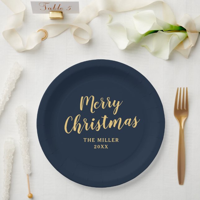 Modern Elegant Navy Blue Merry Christmas  Paper Plate (Wedding)