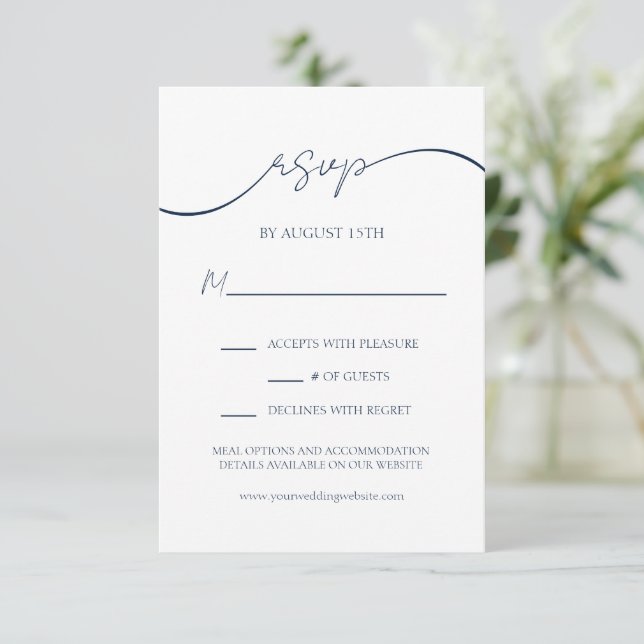 Modern Elegant Navy Blue Minimal Wedding RSVP Card (Standing Front)