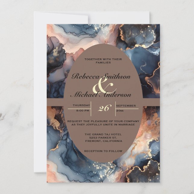 Modern Elegant Navy Blue & Peach Watercolor Agate Invitation (Front)