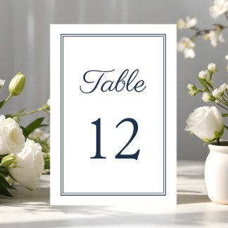 Modern Elegant Navy Blue Script Wedding Table Number