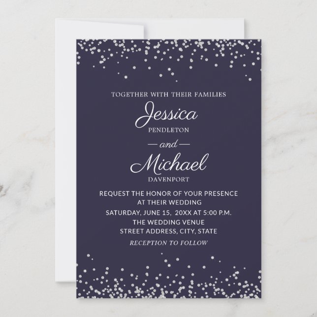 Modern Elegant Navy Blue Silver Glitter Wedding Invitation (Front)
