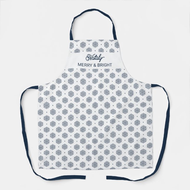 Modern Elegant Navy Blue Snowflakes Christmas Apron (Front)