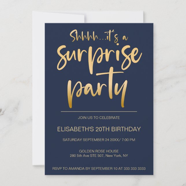 Modern Elegant Navy Blue Surprise Birthday Party Invitation (Front)