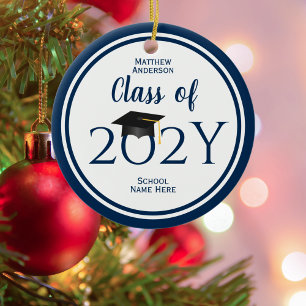 Modern Elegant Navy Blue Typography Graduation Ceramic Tree Decoration